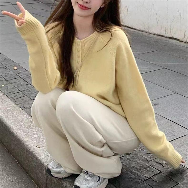 Crew Neck Henley Plain Oversized Sweater Product Image