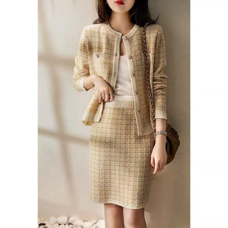 Set: Crew Neck Plaid Button Cardigan + High Rise Midi Pencil Skirt Product Image