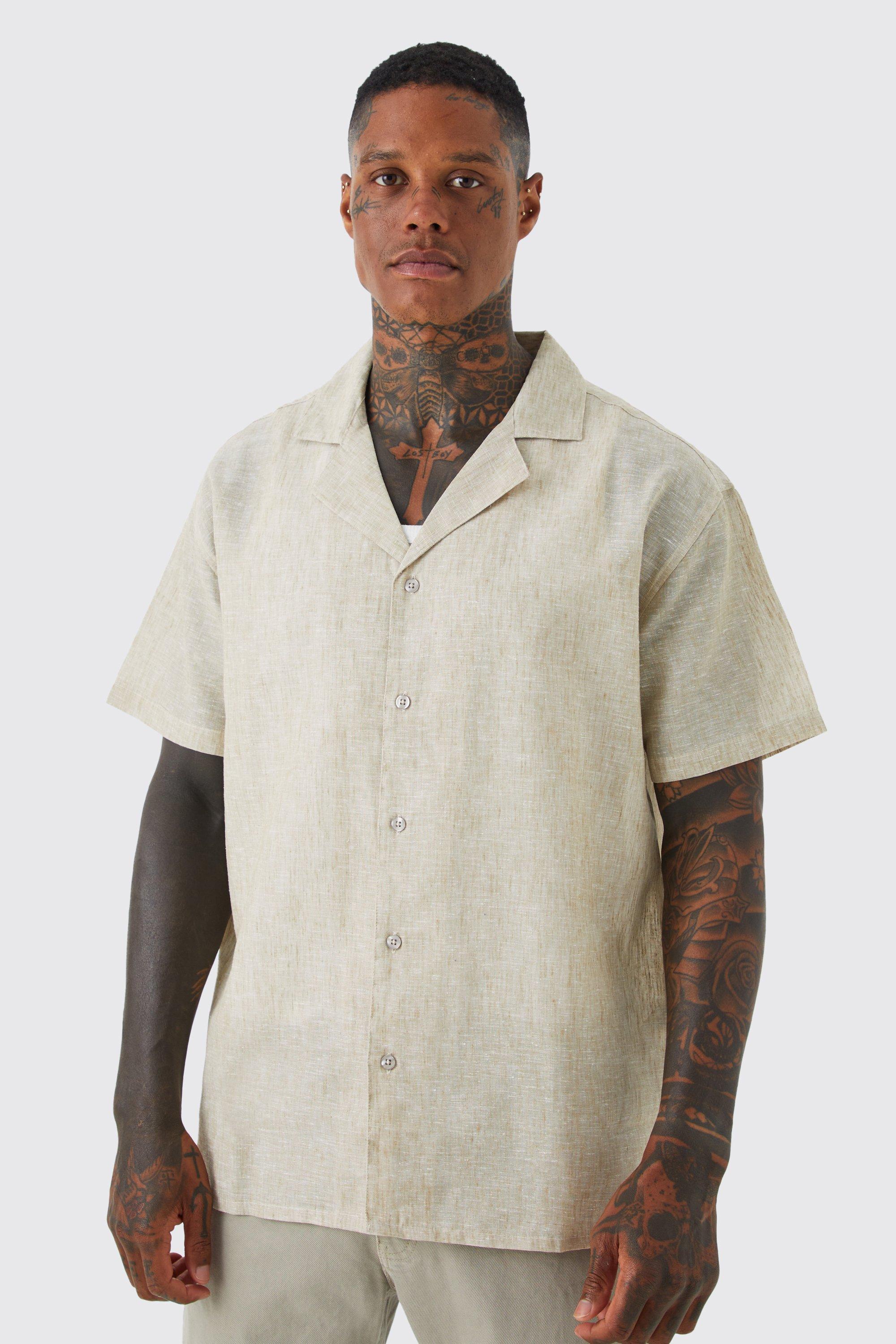 Mens Beige Short Sleeve Oversized Linen Look Revere Shirt, Beige Product Image