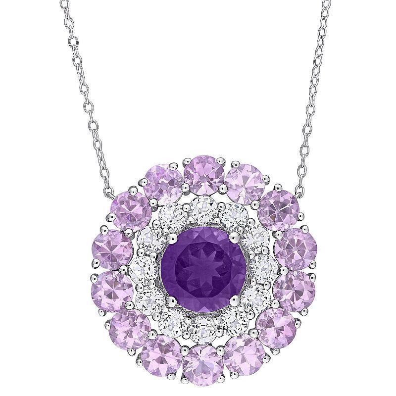 Stella Grace Sterling Silver African Amethyst & White Topaz Double Halo Circle Pendant Necklace, Womens Purple Product Image