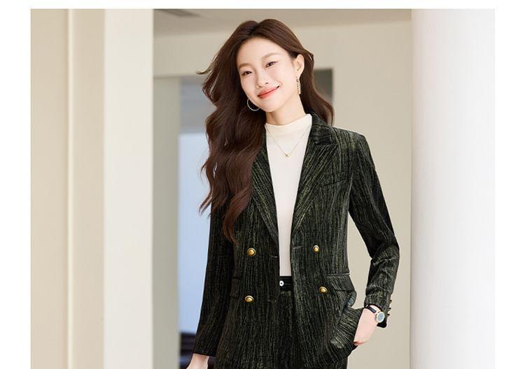 Lapel Collar Plain Corduroy Double Breasted Blazer / Mid Waist Plain Wide Leg Suit Pants / Set Product Image