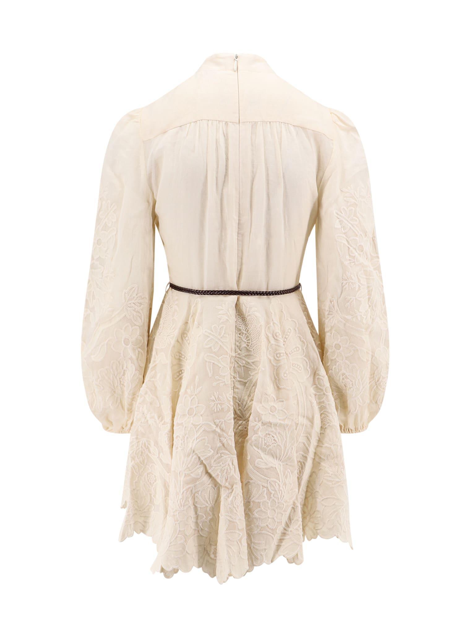 ZIMMERMANN Ottie Belted Braided Leather- And Ramie-trimmed Embroidered Linen Mini Dress In Brown Product Image