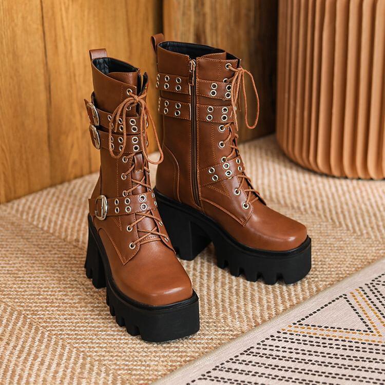 Platform Block Heel Lace-Up Mid Calf Boots Product Image