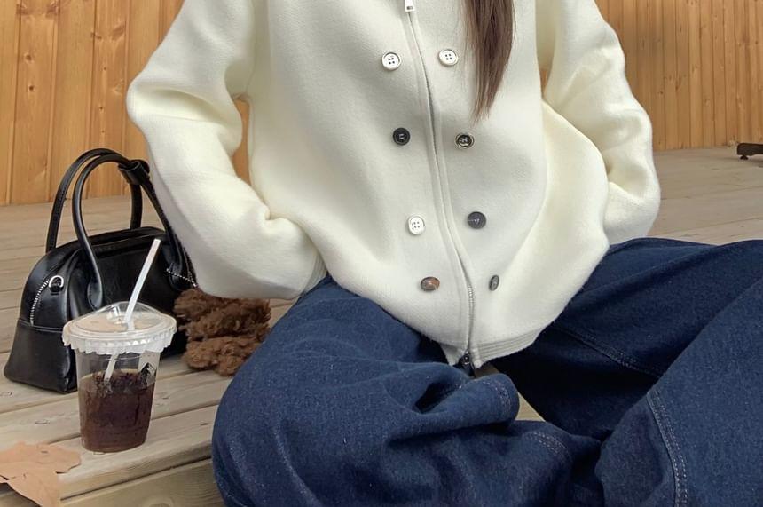 Round Neck Plain Button Detail Zip Cardigan Product Image