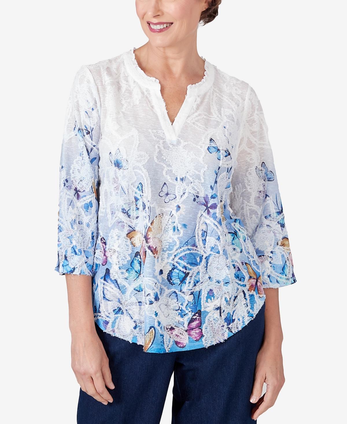 Alfred Dunner Petite in Full Bloom Butterfly Border Jacquard Split Neck Top Product Image