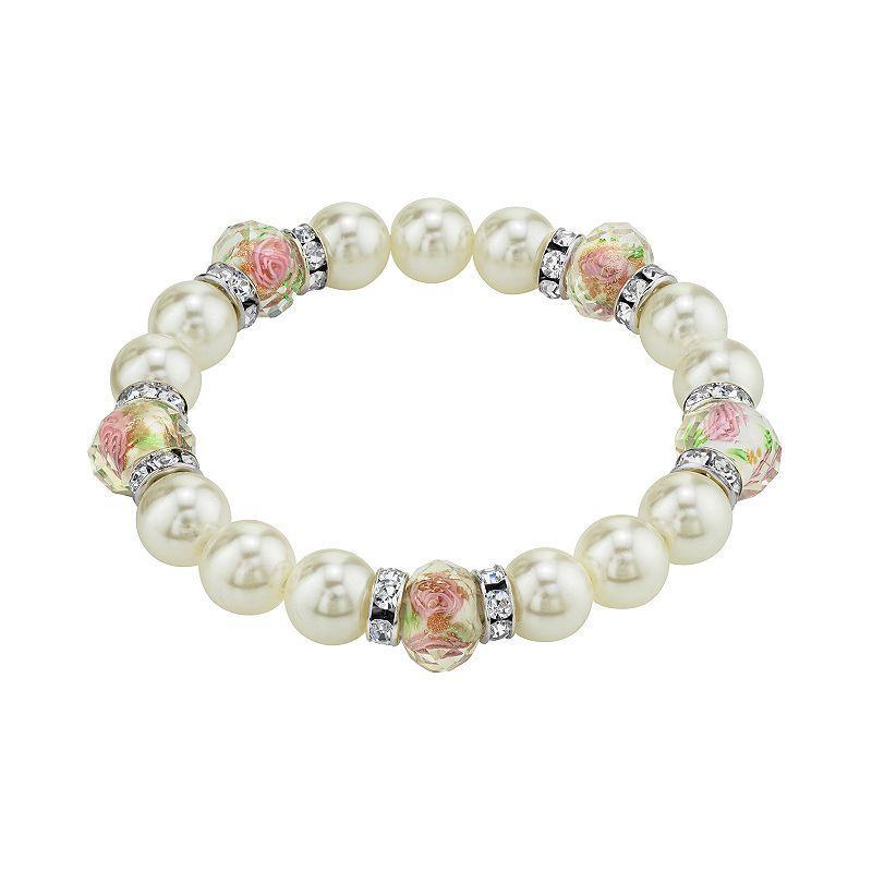 1928 Flower Bead & Simulated Crystal Stretch Bracelet, Womens, White Product Image