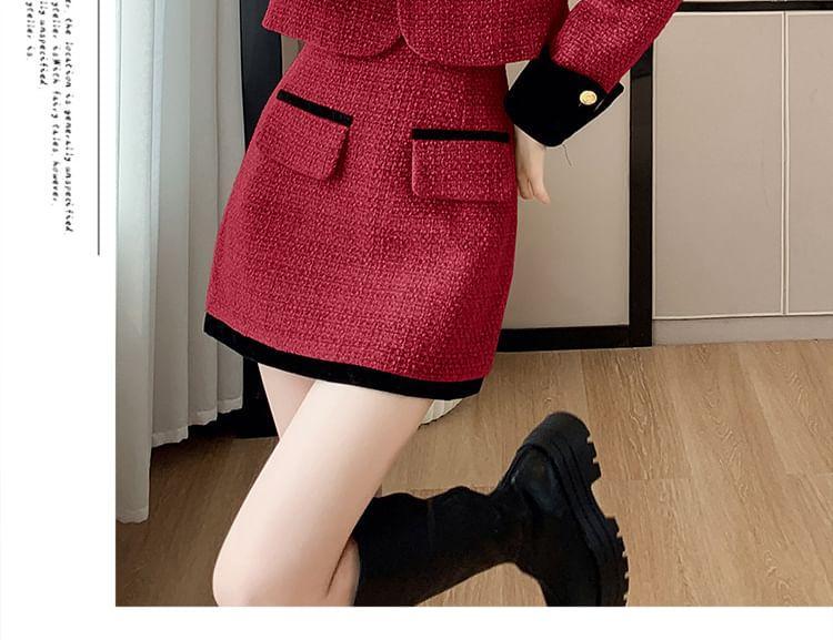 Set: Collared Panel Tweed Button Jacket + High Waist Mini A-Line Skirt Product Image