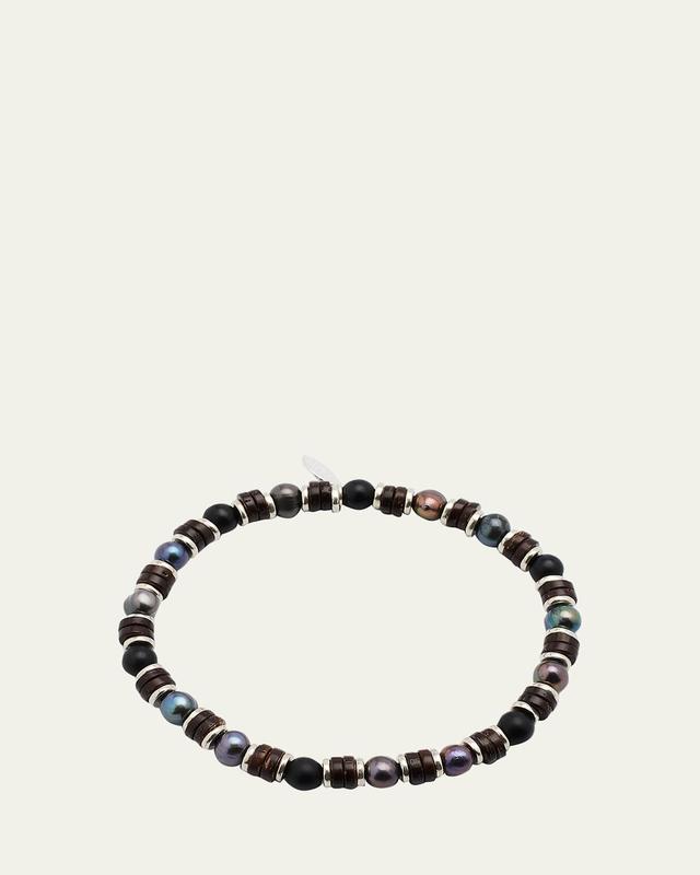 Mens Grey Freshwater Pearl and Agate Beaded Bracelet Product Image