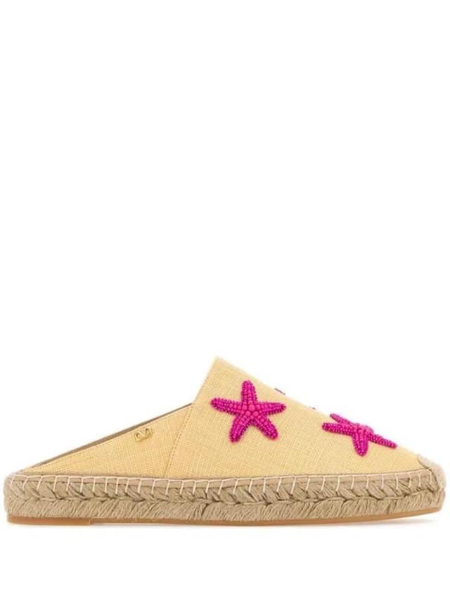 VALENTINO GARAVANI Women's Escape Mules In Raffia With Starfish Embroidery 25mm In Natural Pink Pp Product Image