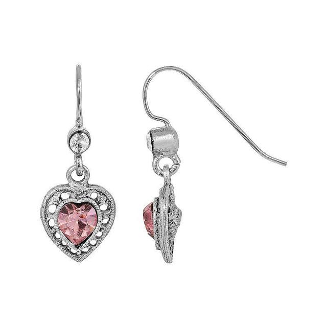 1928 Silver Tone Heart Drop Earrings, Womens, Pink Product Image