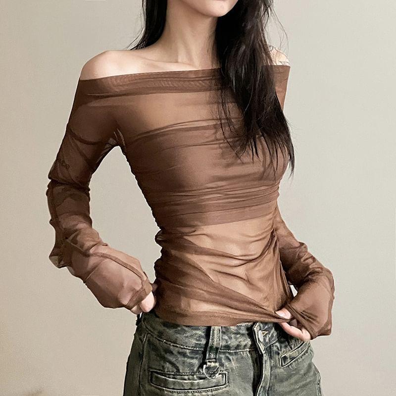 Set: Long-Sleeve Off-Shoulder Plain Mesh Slim Fit Top + Tube Top Product Image