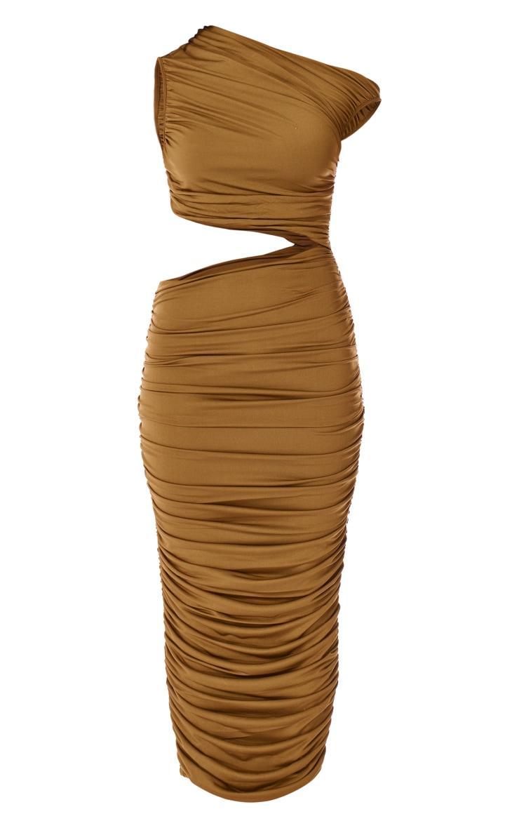 PLT Label Tobacco One Shoulder Ruched Cut Out Maxi Dress Product Image