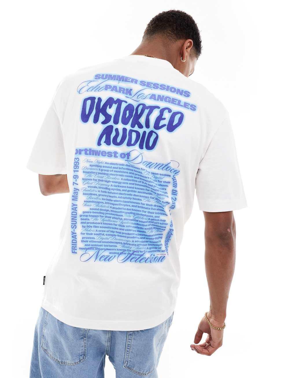 Only & Sons relaxed fit T-shirt with distorted back print in white Product Image