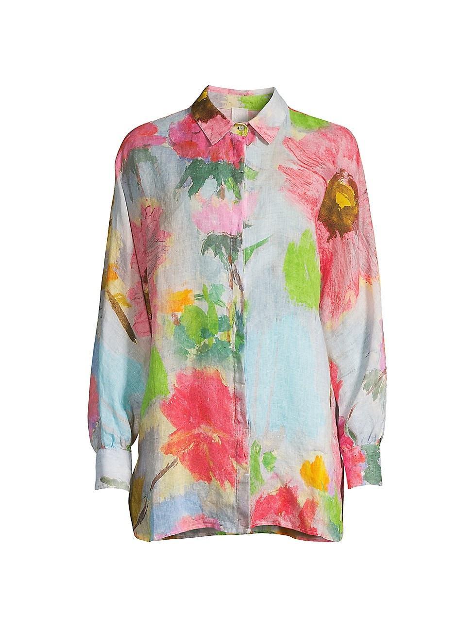 Womens Resort Linen Floral Button-Front Shirt Product Image