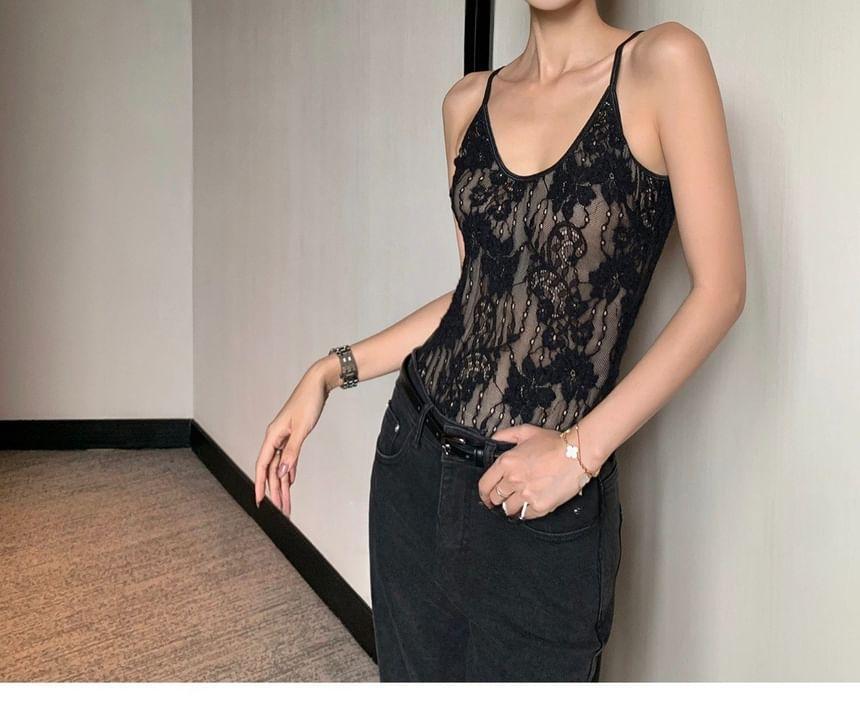 Spaghetti Strap Plain Backless Lace Bodysuit Top Product Image