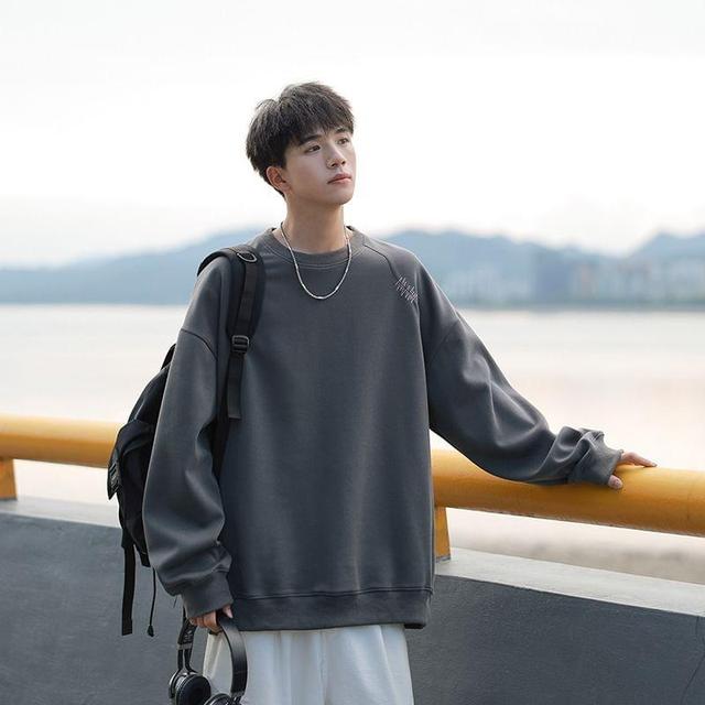 Crew Neck Plain Oversized Sweatshirt Product Image