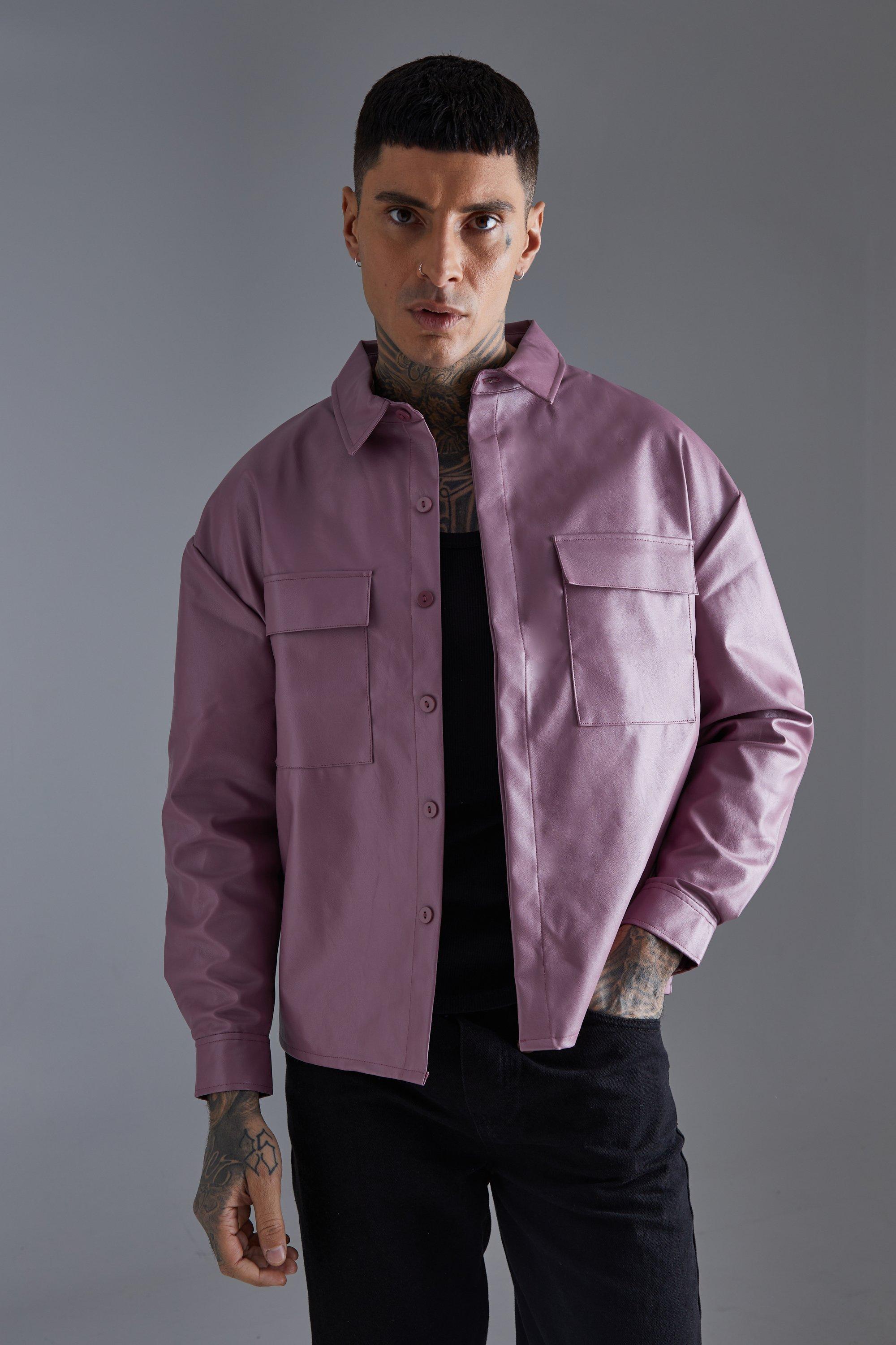 Mens Purple Pu Boxy Oversized Long Sleeve Shirt, Purple Product Image