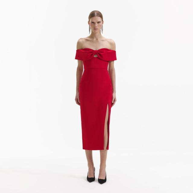 Red Crepe Off Shoulder Bow Midi Dress Product Image