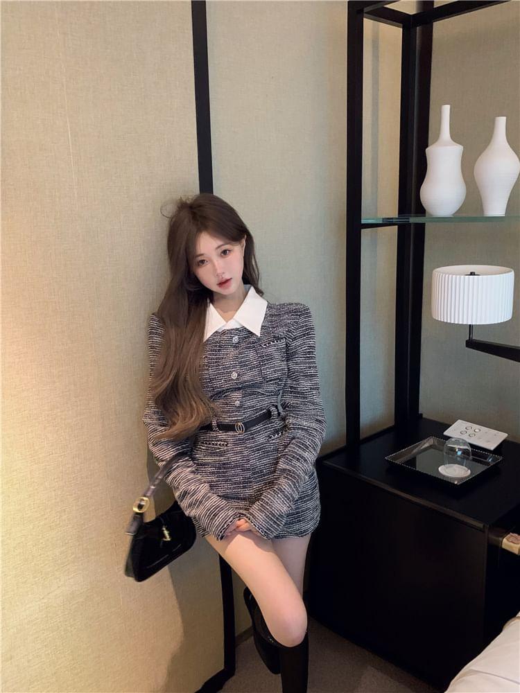 Long Sleeve Lapel Collar Button Up Tweed Playsuit with Belt Product Image