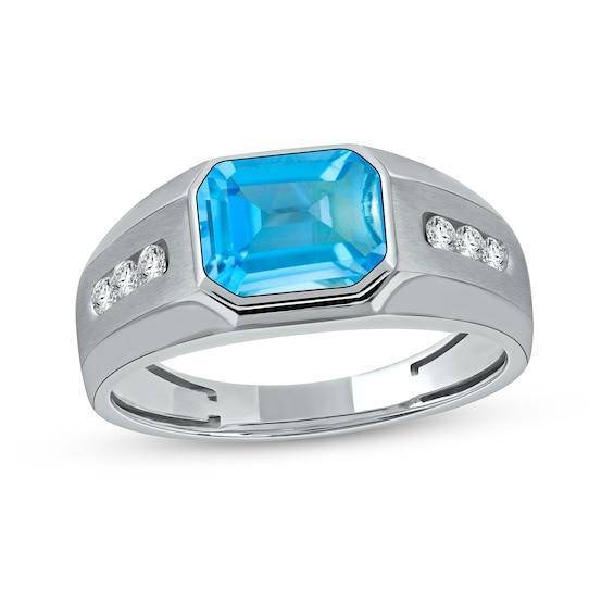 Men's Sideways Octagonal Swiss Blue Topaz and White Lab-Created Sapphire Tri-Sides Channel Band in Sterling Silver Product Image