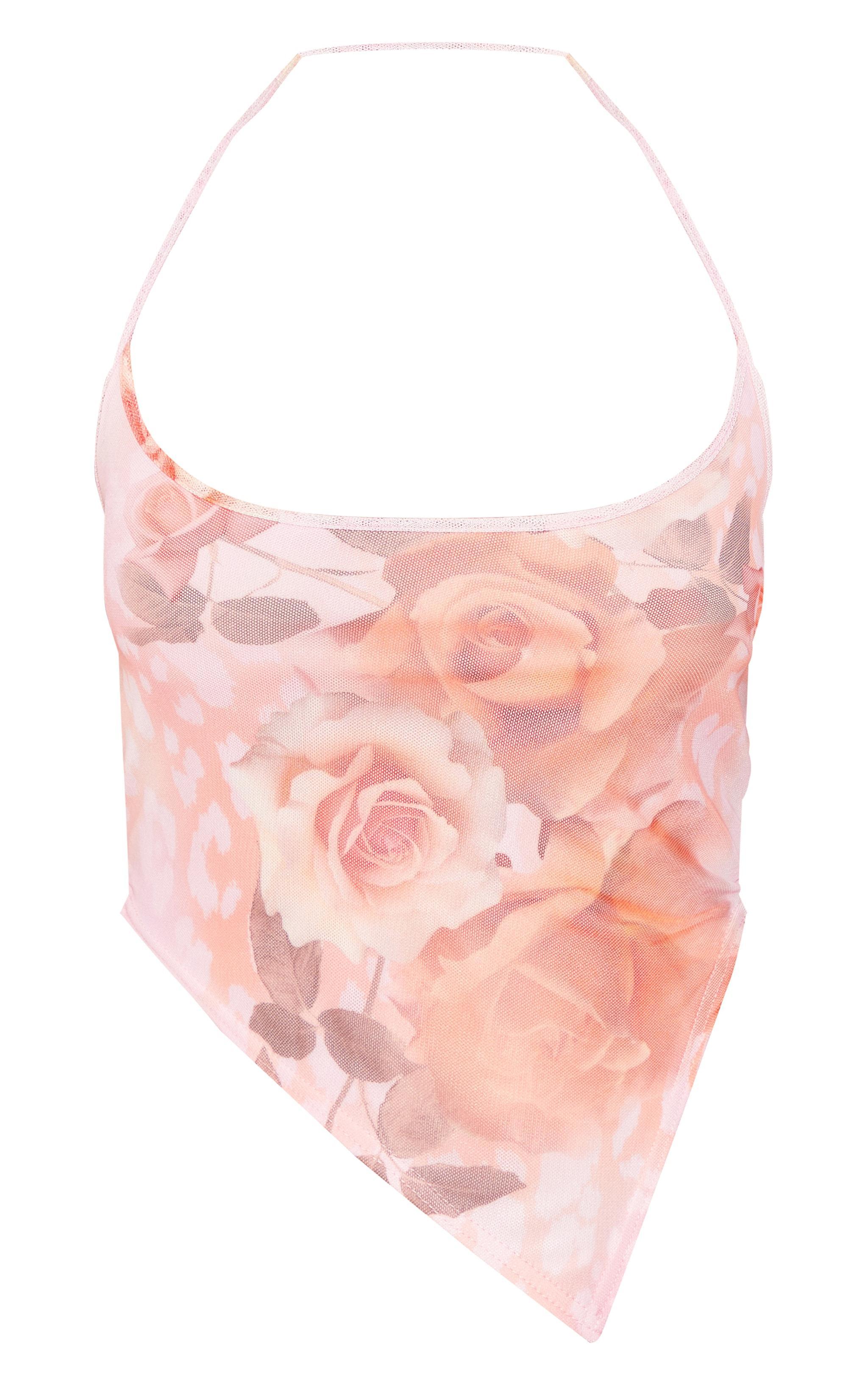 Petite Pink Printed Mesh Halterneck Crop Top Product Image