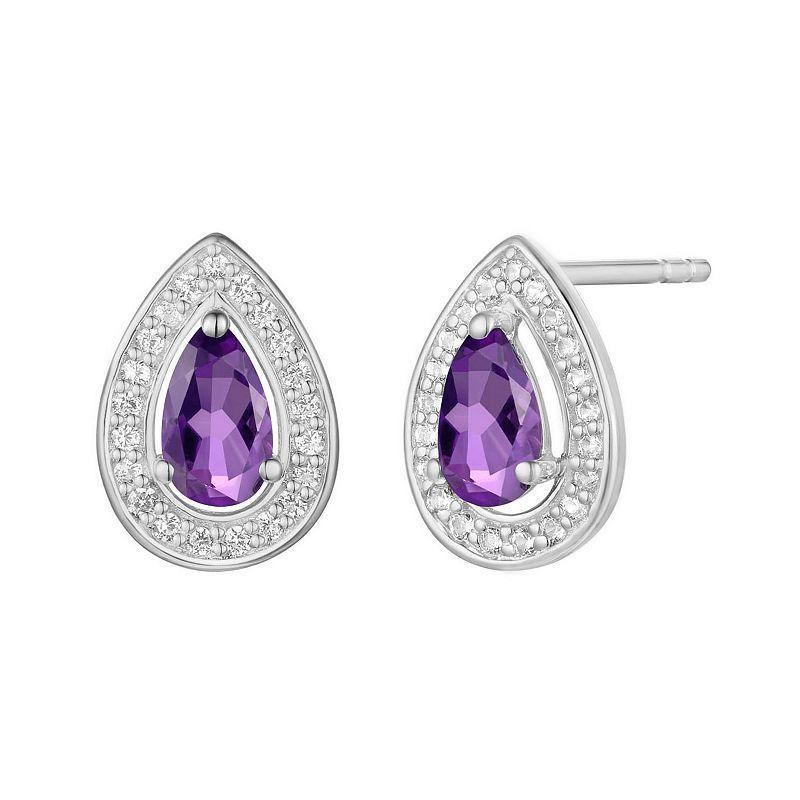 Rhodium-Plated Amethyst & Lab-Created White Sapphire Stud Earrings, Womens Product Image