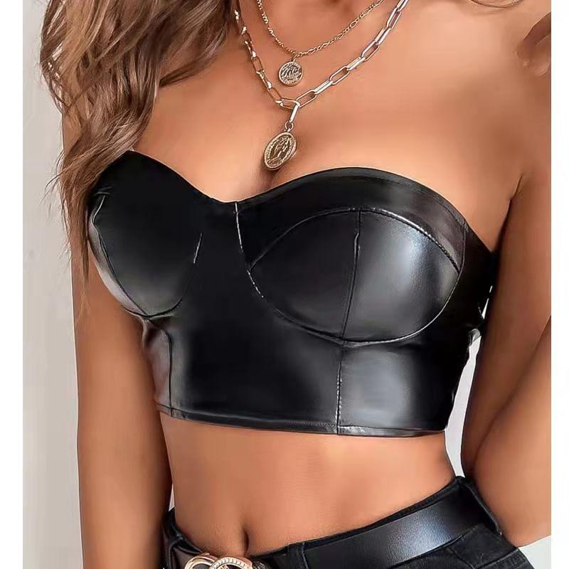 Plain Faux Leather Crop Tube Top Product Image