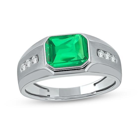 Men's Sideways Octagonal Lab-Created Emerald and White Lab-Created Sapphire Tri-Sides Channel Band in Sterling Silver Product Image