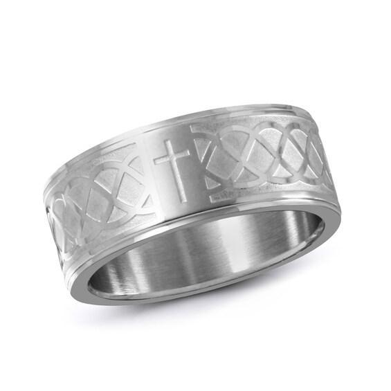 Men's 9.0mm Etched Cross Wedding Band in Stainless Steel Product Image