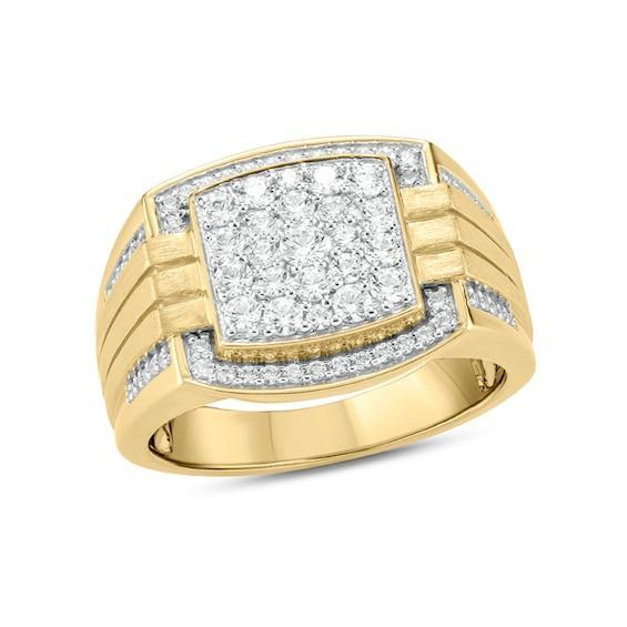 Men's 1 CT. T.w. Composite Diamond Cushion Frame Triple Row Grooved Shank Signet Ring in 10K Gold Product Image