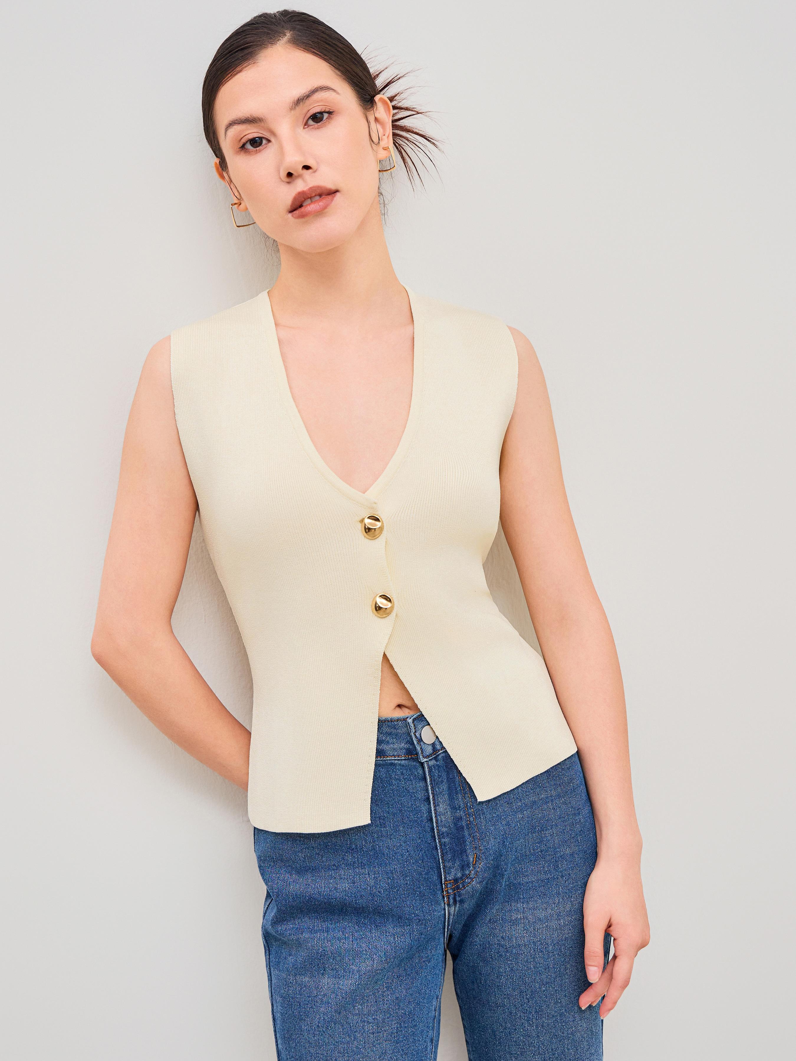 Knitted V-neck Solid Button Vest Product Image