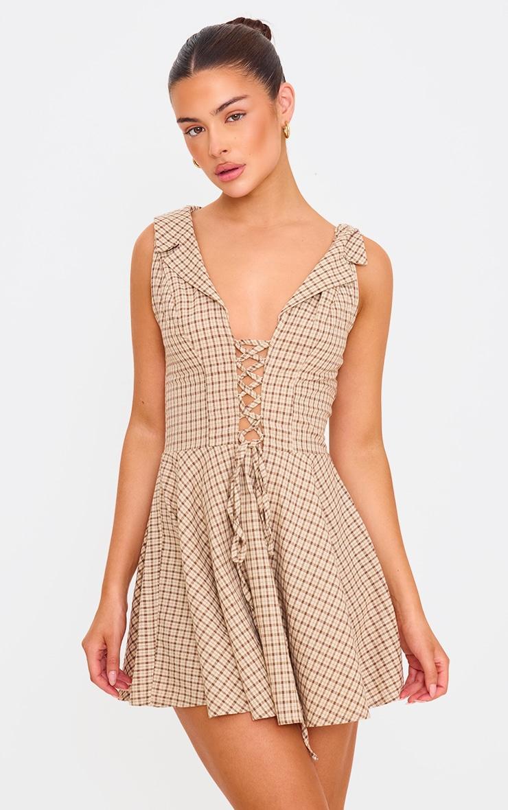 Cream Lace Up Check Shift Dress Product Image