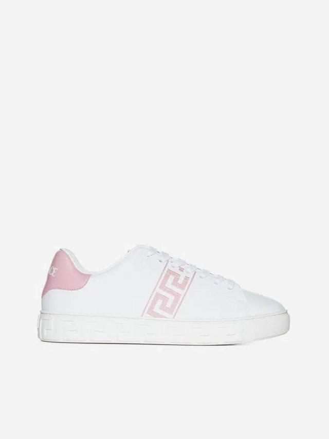 VERSACE Embroidered Faux Leather Sneakers In White,english Rose Product Image