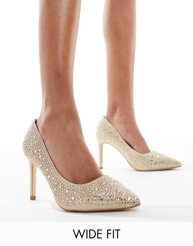 SEQWL Wide Fit pointed pumps with rhinestone embellishment in gold Product Image