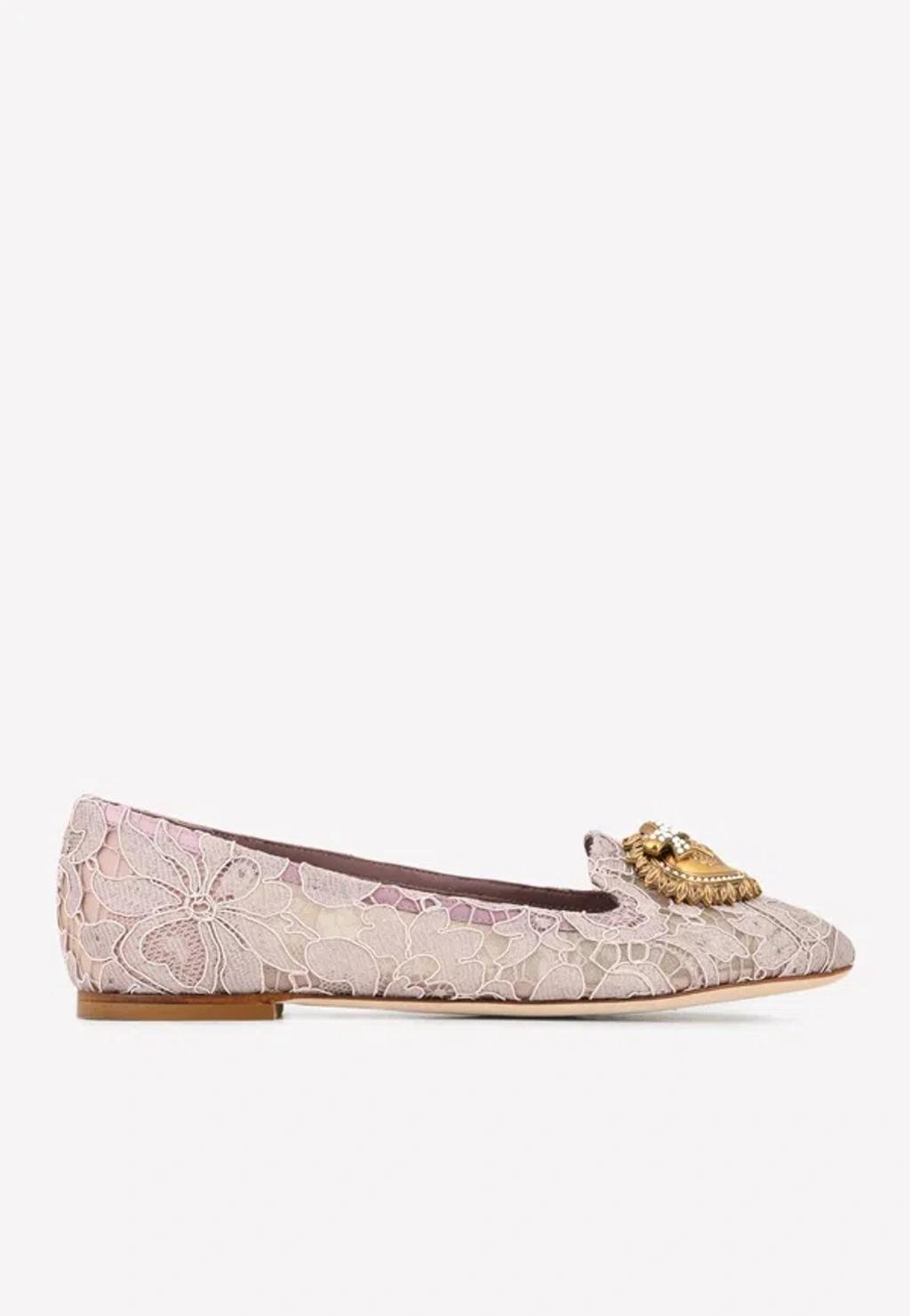 DOLCE & GABBANA Pink Lace Crystal Ballet Flats Loafers Shoes Product Image