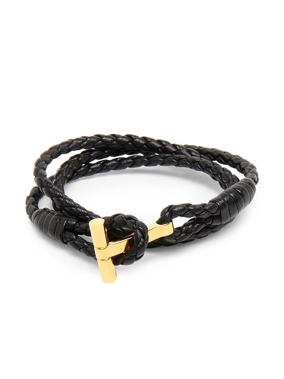 Mens T-Logo Goldtone & Braided Leather Bracelet Product Image