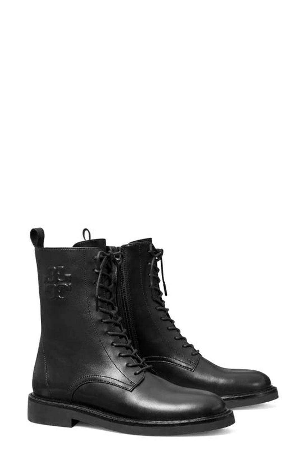 TORY BURCH Logo Embossed Lace-up Combat Boots In Black Product Image