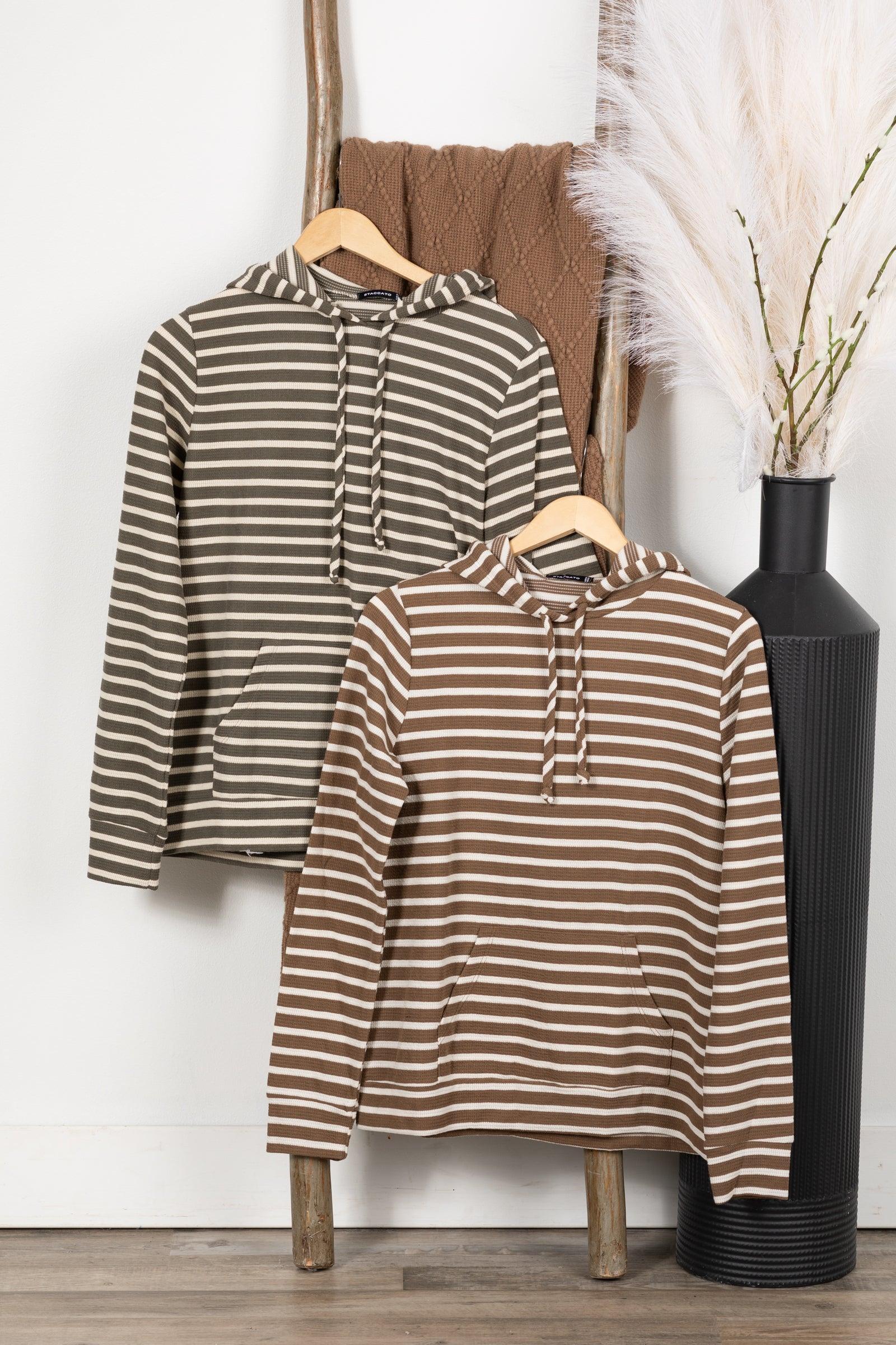 Drawstring Striped Kangaroo Pocket Hoodie Top Product Image