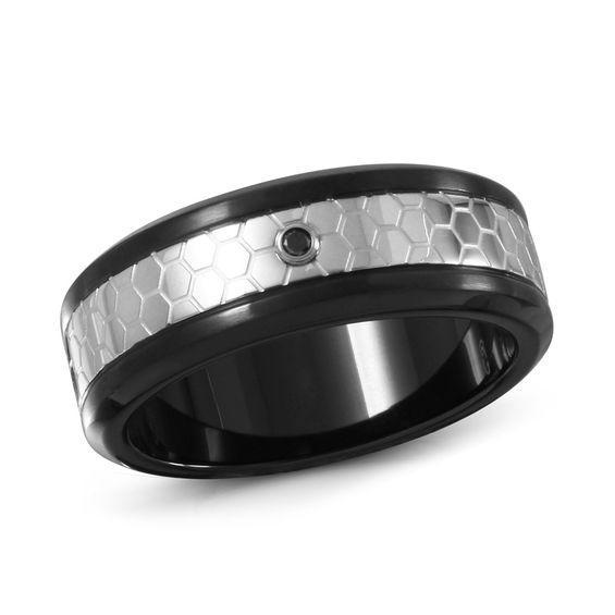 Men's Black Enhanced Diamond Accent Solitaire Honeycomb Wedding Band in Two-Tone Stainless Steel Product Image