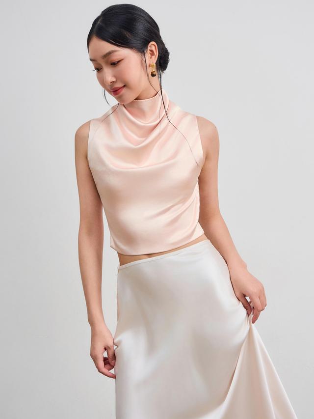 Satin High Neck Solid Backless Ruched Top Product Image