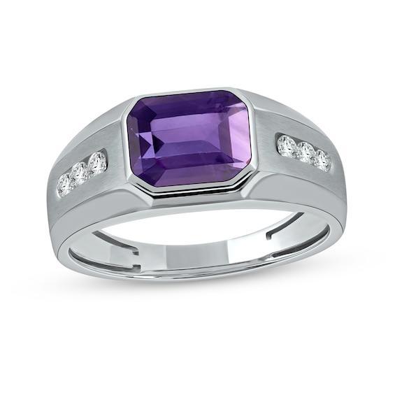 Men's Sideways Octagonal Amethyst and White Lab-Created Sapphire Tri-Sides Channel Band in Sterling Silver Product Image