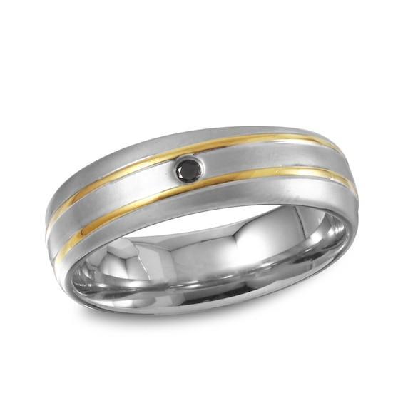 Men's Black Diamond Accent Soliatire Wedding Band in Two-Tone Stainless Steel Product Image