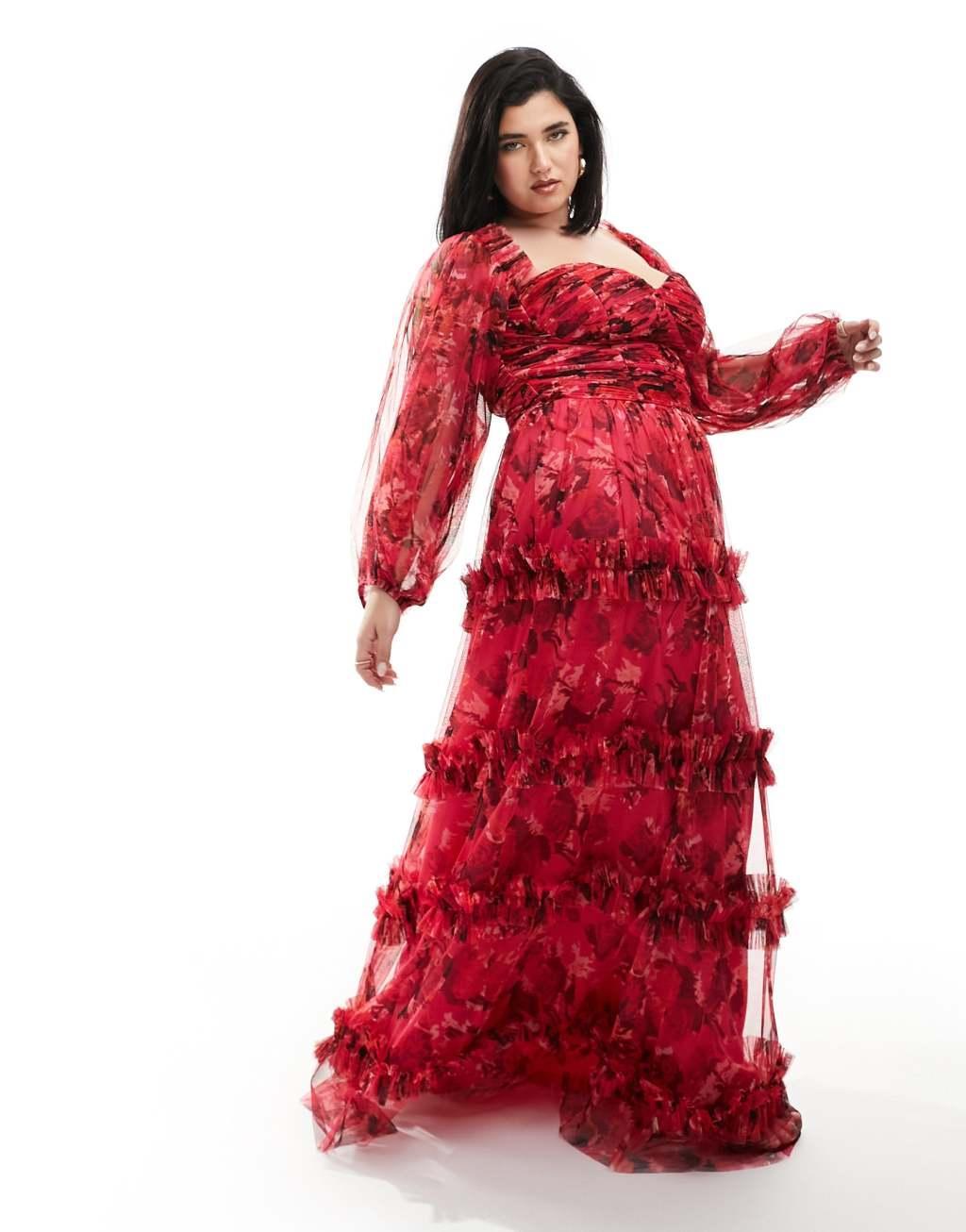 Lace & Beads Plus long sleeve tulle ruffle maxi dress in pink and red floral Product Image