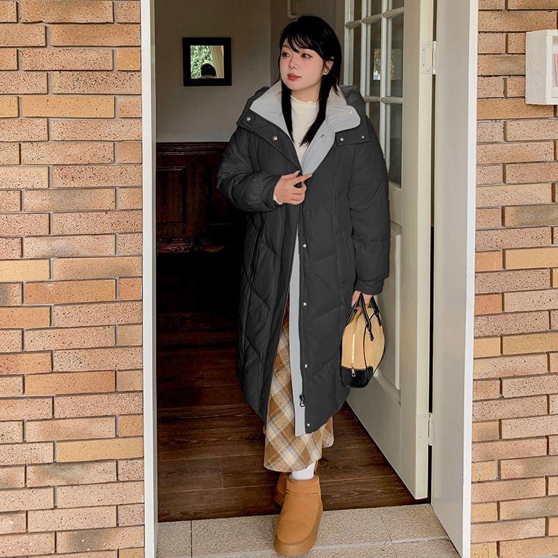 Plus Size Stand Collar Two Tone Hooded Zip-Up Long Puffer Coat Product Image