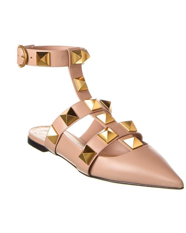 Roman Stud Leather Ankle Strap Flat In Pink Product Image