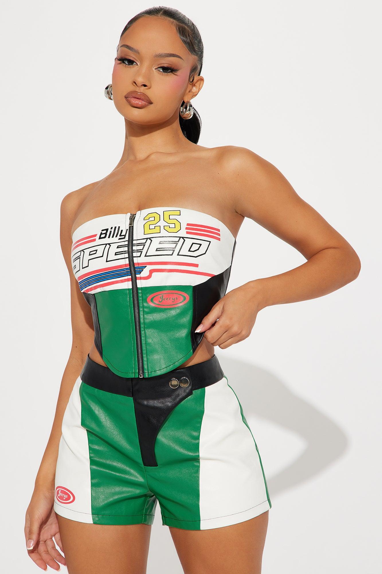 Race Track Ready Faux Leather Short Set - Green/combo Product Image