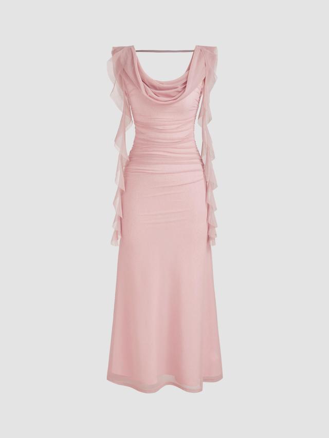 Cowl Neck Solid Ruffle Hem Ruched Maxi Dress Product Image