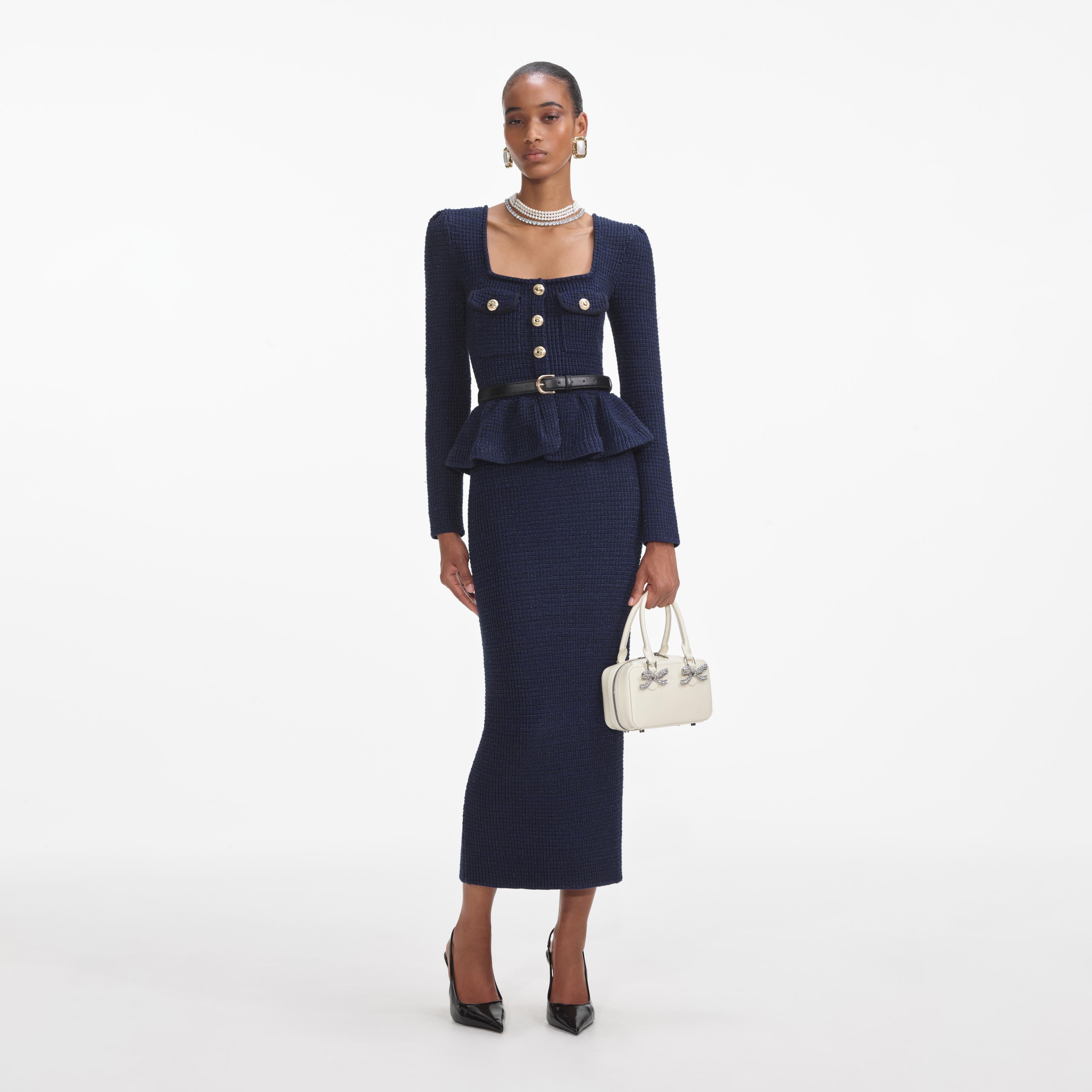 Navy Knit Peplum Midi Dress product image