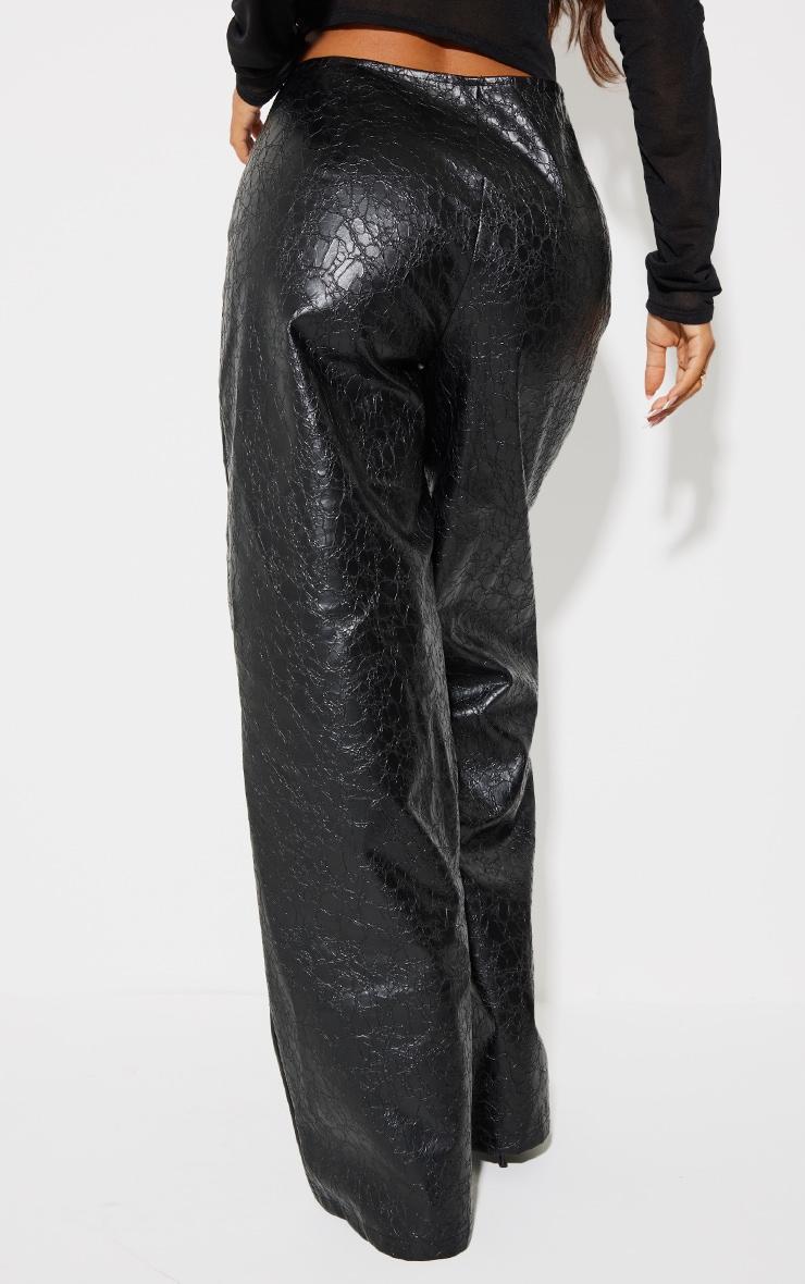 Petite Black Faux Leather Cracked Effect Lace Up Wide Leg Pants Product Image