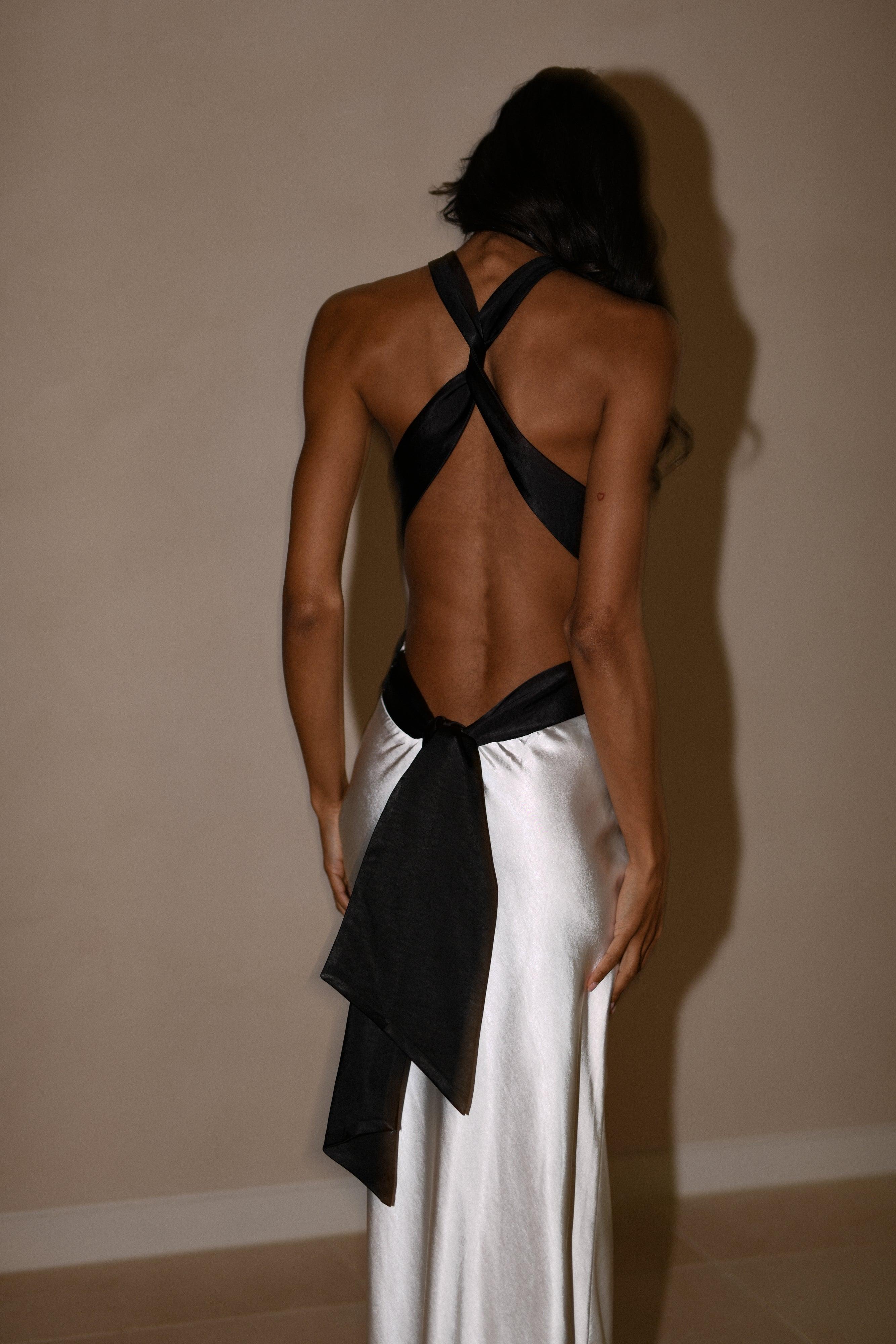 Nalani Satin Halter Maxi Dress - Black/White Product Image